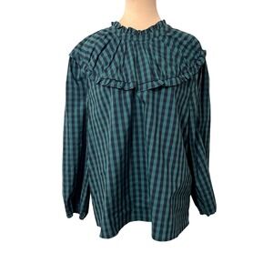 Draper James RSVP Green Black Gingham Ruffle Yoke Blouse XL Long Sleeve Top